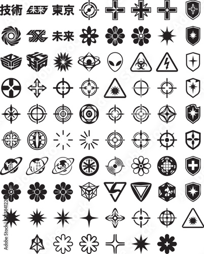 Premium Abstract Symbol And Badge Icon Collection Featuring Security Technology Science Navigation Cosmic And Decorative Emblems For Branding Gaming And Interface Design Y2K