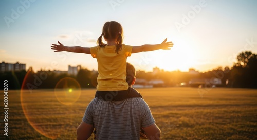 Happy Little Girl Sitting on Father's Shoulders with Arms Outstretched at Sunset in a City Park