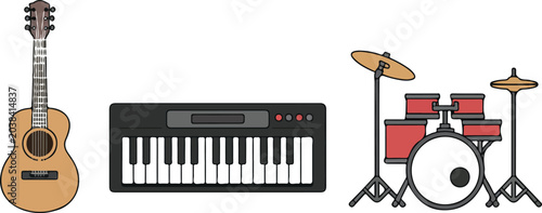Foto Musical instruments vector set with acoustic guitar digital piano synthesizer an