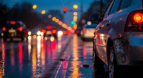 Night traffic lights reflecting on wet city street during heavy rain