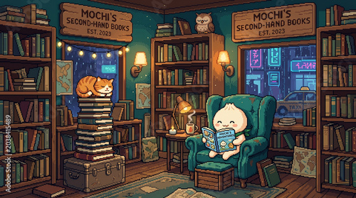 Canvastavla Cozy Pixel Art Dumpling Character Reading in a Rainy Night Bookshop with Sleepin