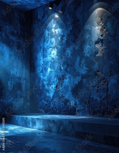 A dark, moody blue room with textured walls and a raised platform, illuminated by spotlights.