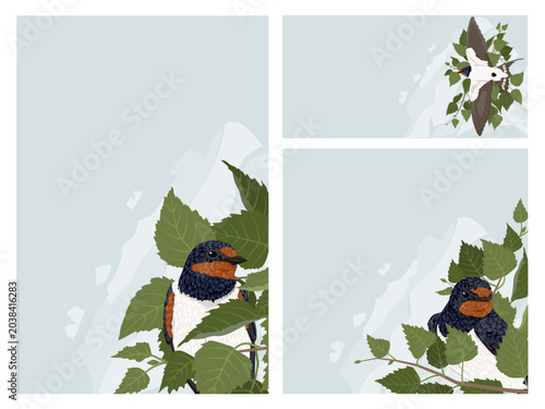 Barn swallow bird vector banner set. Cute hirundo rustica character on birch tree branches with green leaves, cloud sky background template with copyspace for spring greeting card text layout