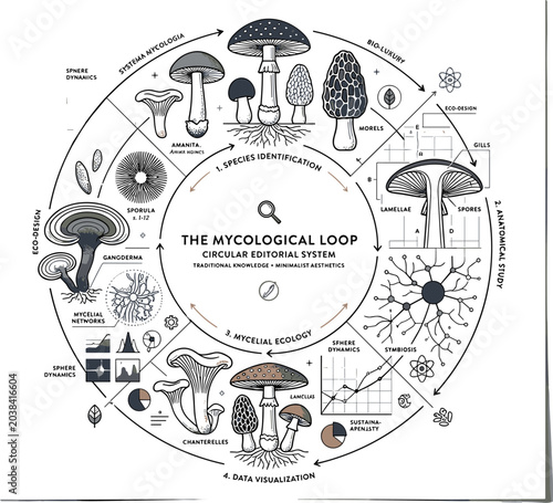 Foto Circular mycological loop infographic vector featuring mushroom species identifi