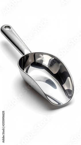Shiny, curved metal scoop with a handle, isolated