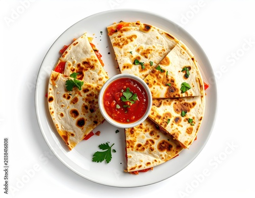 Quesadilla slices on a plate with salsa in the center
