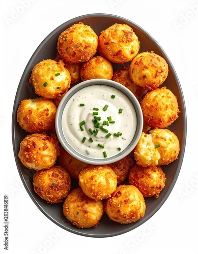 Golden fried spheres around dip, gray plate, white bkgd
