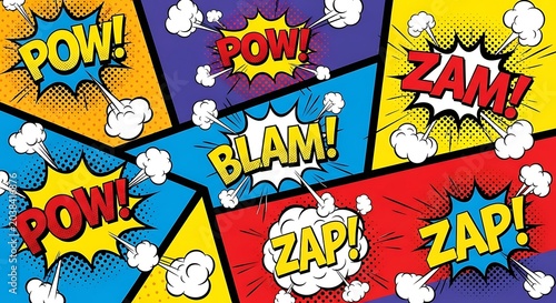 Dynamic comic book style sound effects featuring exclamations like Pow Zam Blam Zap