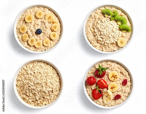 Four bowls of oatmeal, each with different toppings