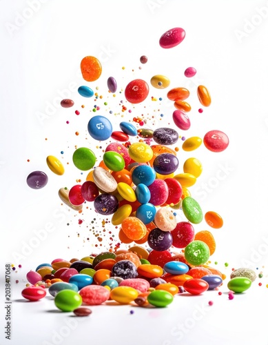 A splash of colorful candies mid-air on white