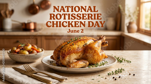 National Rotisserie Chicken Day June 2 text with roasted golden whole chicken on plate on marble countertop with vegetables