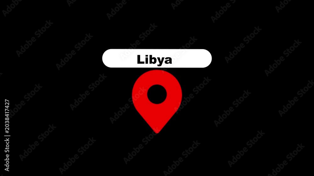 Libya map location pin animation with country name label for geographic ...