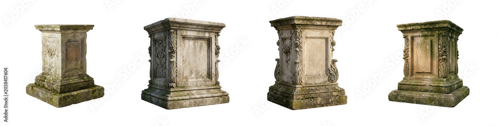 Naklejka premium Collection of four weathered stone pedestals with ornate carvings isolated on transparent background