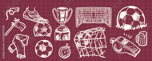 Hand Drawn Soccer Equipment Doodle Vector Set with Trophy Ball Goal and Whistle