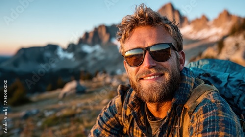 A smiling young man wearing sunglasses and a flannel shirt poses for a photo during sunset in a breathtaking mountainous landscape filled with adventure and exploration spirit.