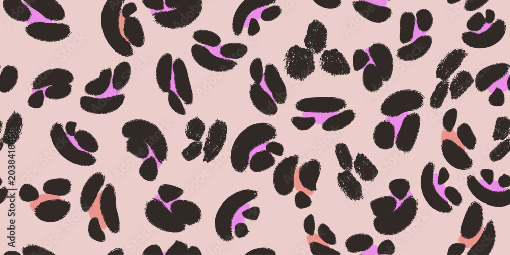 Fototapeta premium A seamless vector pattern of stylized leopard spots in black, purple and coral on soft pink background