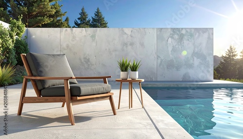 Modern Outdoor Lounge Chair by Poolside with Sunny Sky.