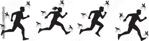 Silhouette of People Running Away From Mosquito Swarm Isolated on Light Background for Health and Insect Control Concept