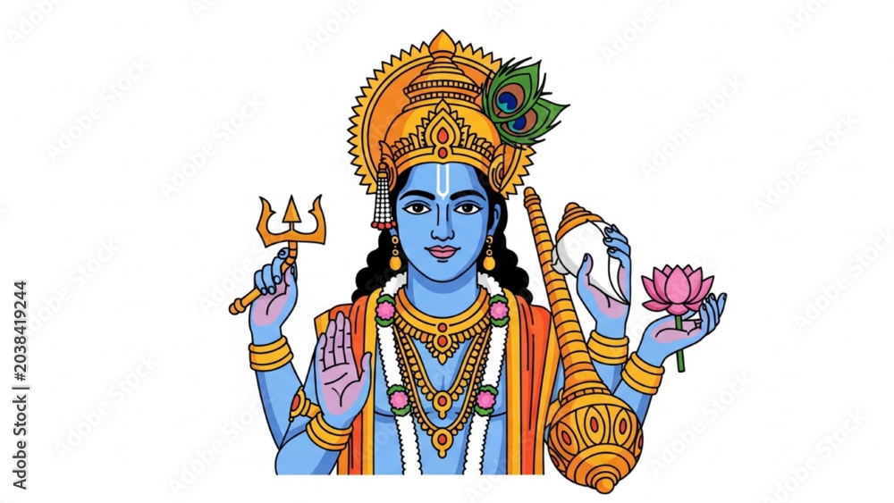 Obraz premium Hindu deity Shiva holds pink flower and trident in religious artwork