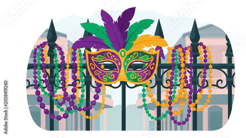 Konstfotografi Mardi Gras masks hang on a wrought iron fence with colorful beads outside a building