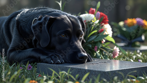 Loyal black dog sitting motionless beside fresh grave head resting paws eyes fixed flowers photorealistic heartbreaking soft natural light fur expression, generative AI