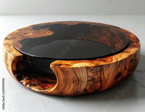 Wooden coffee table with sleek glass top and curved design