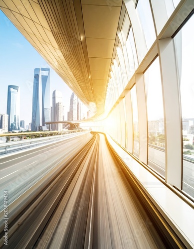 Ride through modern city, speed trails, bright sunlight