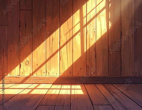 Sunlight streams across wooden wall and floor