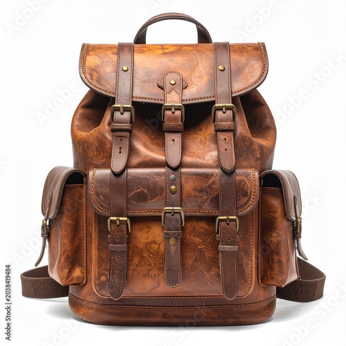 Rugged brown leather backpack with multiple pockets and straps