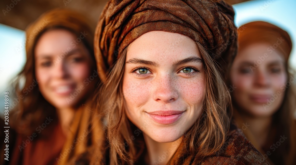 Fototapeta premium A joyful group of women wearing beautifully wrapped cultural headscarves, smiling together in a sunny outdoor setting, showcasing camaraderie and cultural pride.