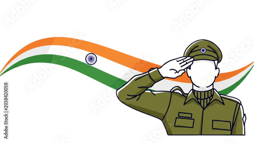 Tableau sur toile Soldier salutes proudly with national flag waving behind him