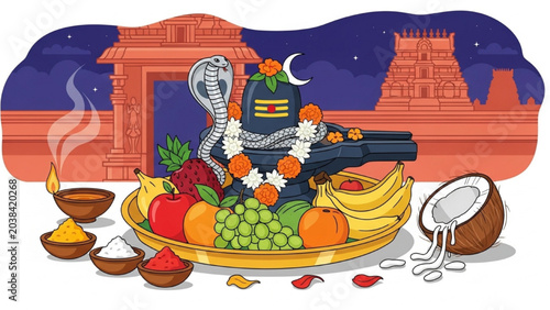 Bild auf Leinwand Hindu ceremony with snake idol surrounded by fruits and offerings on a plate