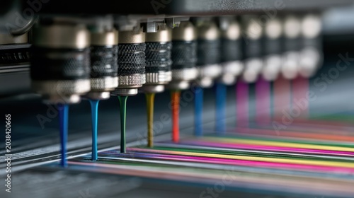 Detailed medium shot of a minimalist print production scene showing inkjet nozzles precisely spraying vibrant ink onto coated mail stock capturing fine paper texture and subtle