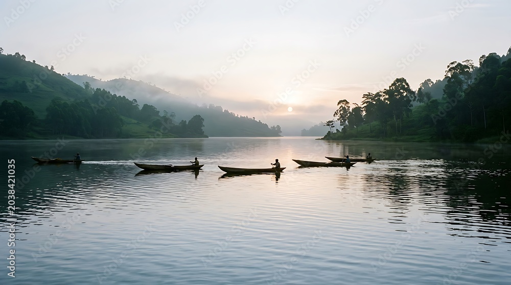 Fototapeta premium Traditional Canoes on a Misty African Lake at Sunrise