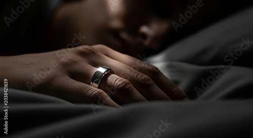 Woman wearing smart ring while sleeping in bed. Digital sleep tracker for wellness monitoring. Advanced wearable technology for health data tracking and night recovery analysis concept.