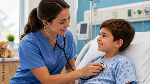 Nurse using stethoscope to examine young boy in hospital
