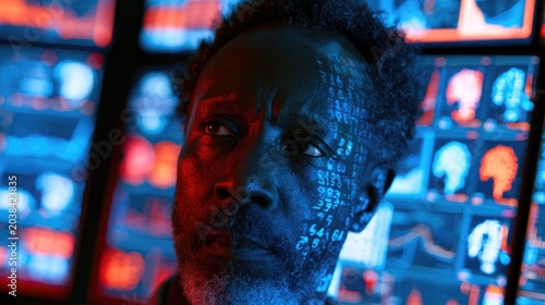 Thoughtful Data Analyst Surrounded by Digital Screens and Artificial Intelligence Visualizations