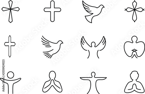 Foto Christian religious icons set featuring cross symbols and prayer poses religion christianity spirituality catholic protestant devotion