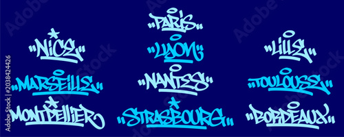 Valokuva Set ten france city graffiti tag graphic displaying french Europe travel landmark pack bundle text for positive vibe sticker overlay urban hip hop subculture streetwear apparel clip art