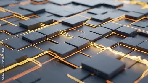 Abstract Solar Grid Matrix with Pulsing Golden Energy Waves Loop