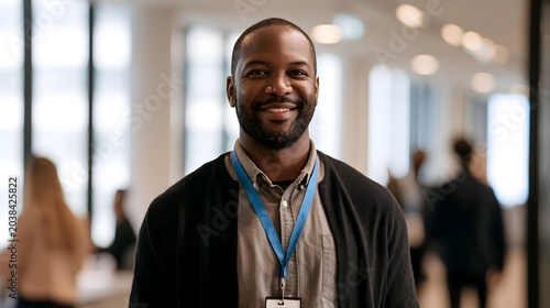 A smiling professional man wearing a lanyard stands in a bright modern office setting with large