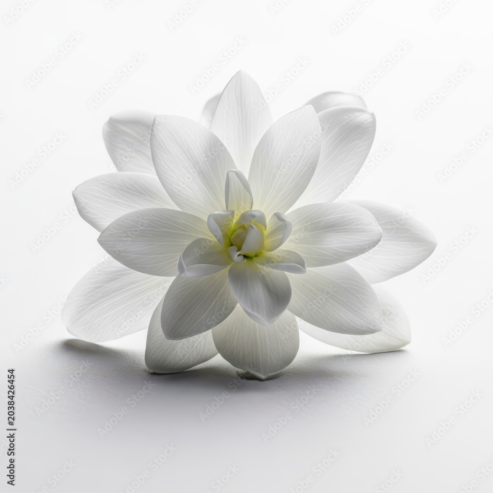 Fototapeta premium A close-up view of delicate, soft white flower petals arranged beautifully on a pristine, seamless white studio background, conveying purity and grace, pristine, white, pattern