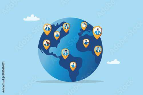 Remote work collaboration, world communication, international or multicultural organization, global company with offshore continent employee, business people employee geolocation map pin on globe.