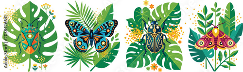 Bild auf Leinwand Tropical insect vector illustration collection with decorative butterfly beetle