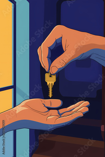 A hand is passing a golden key to another open palm.
