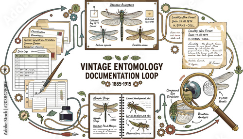 Tableau sur toile Vintage entomology documentation infographic loop vector featuring archival drag
