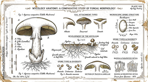 Tableau sur toile Vintage mushroom anatomy illustration chart featuring mycology morphology diagra