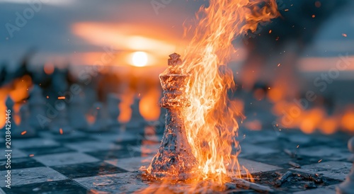 Chessboard battlefield featuring a burning king piece, symbolizing strategic conflict, leadership under pressure, defeat, power struggles, and the consequences of war and competition.