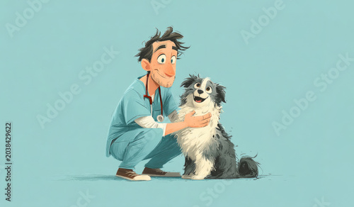 Smiling Veterinarian with Happy Dog on Blue Background Illustration