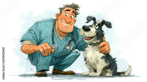 Smiling Veterinarian Kneeling with Happy Dog Illustration
